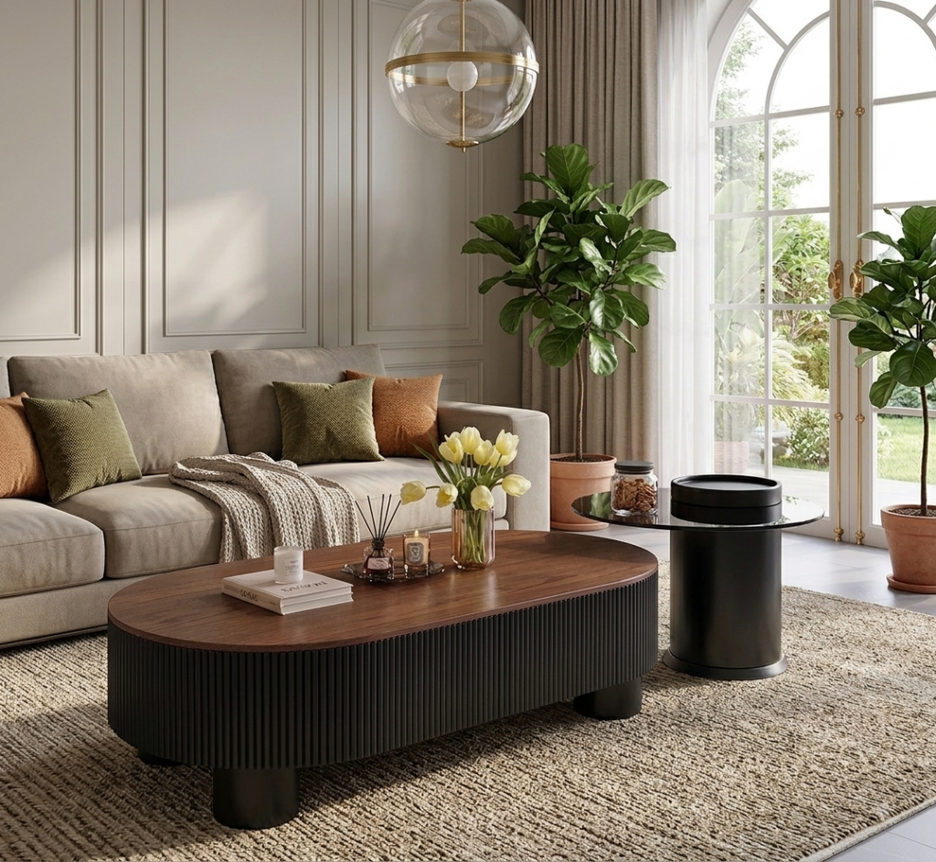 Curved Frame Wooden Nesting Coffee Table Set With Storage Drawer - Coffee table - QONKA HOME