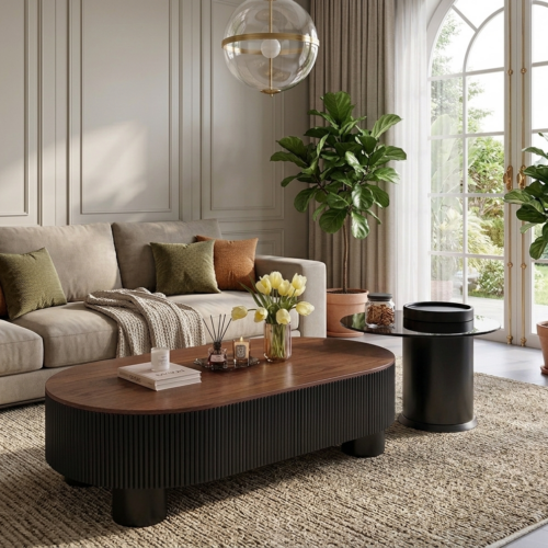 Curved Frame Wooden Nesting Coffee Table Set With Storage Drawer - Coffee table - QONKA HOME