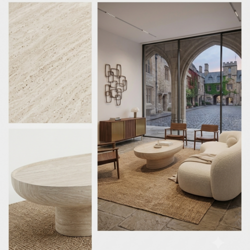 Wabi-Sabi Style Oval Resin Coffee Table with Faux Travertine Finish - Coffee table - QONKA HOME