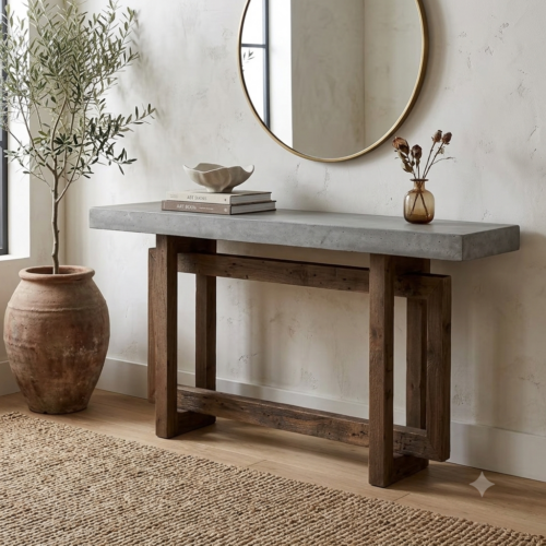 Modern Industrial Concrete Coffee Table Rustic Wood Base - Coffee table - QONKA HOME