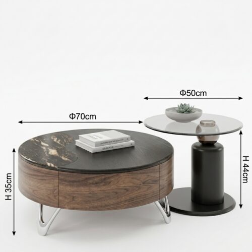 Mid-Century Modern Nesting Coffee Table Set (2-Piece) with Wood Storage Base, Marble Accent, and Amber Glass Top - Coffee ...