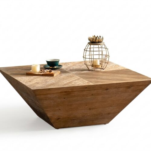 Vintage Distressed Solid Wood Square Coffee Table Geometric Trapezoid Block Rustic Living Room Center Table - Coffee table...