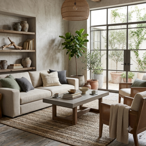 Modern Industrial Concrete Coffee Table Rustic Wood Base - Coffee table - QONKA HOME