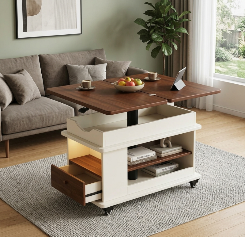 4-in-1 Mobile Lift Top Coffee Table, Convertible Dining Desk with Storage - Coffee table - QONKA HOME