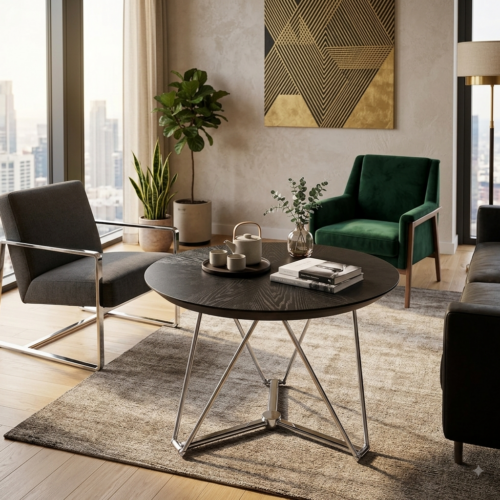 Artisanal Walnut Veneer Round Coffee Table with Adjustable Polished Stainless Steel Base - Coffee table - QONKA HOME