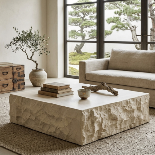 Sculptural Stone-Look Coffee Table Set - Coffee table - QONKA HOME