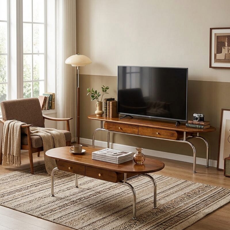 Mid‑Century Wood TV Stand & Coffee Table Set, Retro Solid Wood Storage Entertainment Unit With Metal Legs - Coffee ...