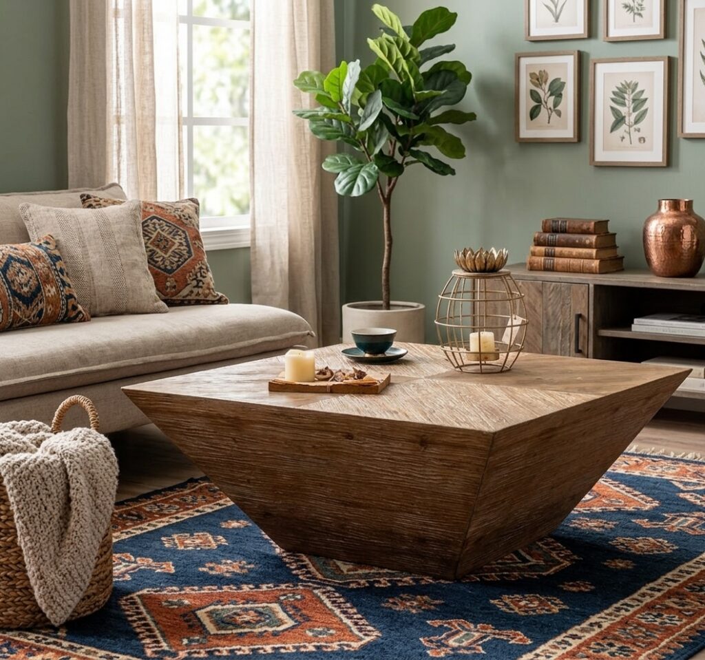 Vintage Distressed Solid Wood Square Coffee Table Geometric Trapezoid Block Rustic Living Room Center Table - Coffee table...