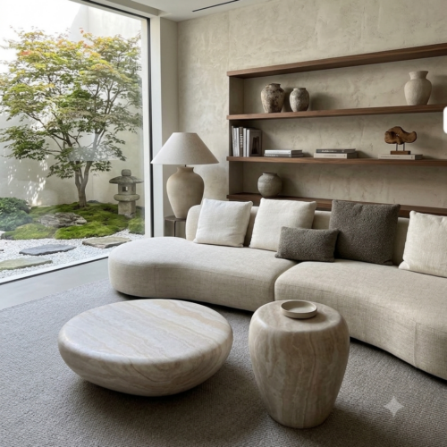 Curved Travertine-Look Coffee & Side Table Set - Coffee table - QONKA HOME