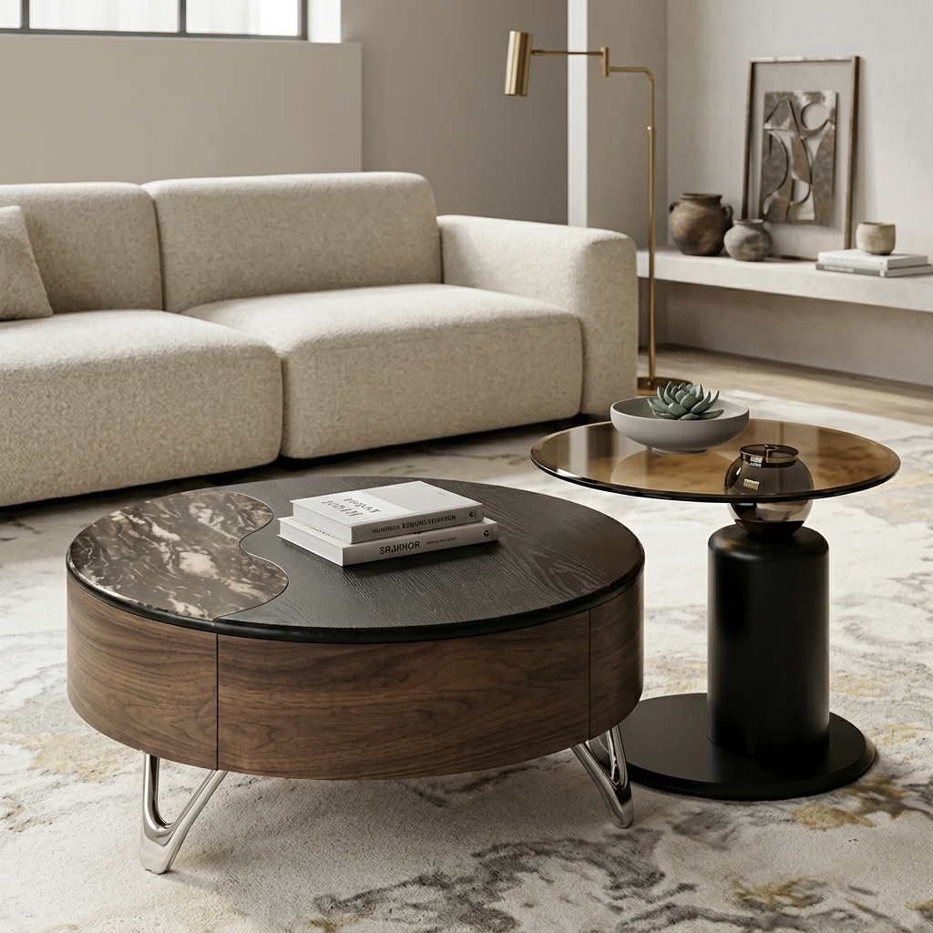 Mid-Century Modern Nesting Coffee Table Set (2-Piece) with Wood Storage Base, Marble Accent, and Amber Glass Top - Coffee ...