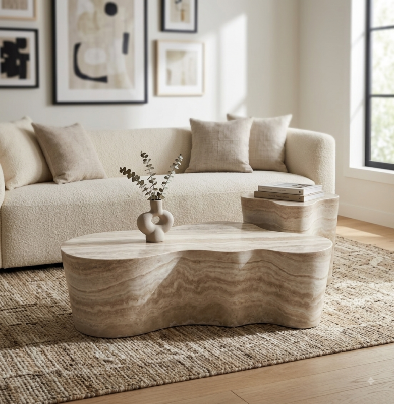 Modern Wabi-Sabi Cloud Coffee Table Faux Travertine Resin Center Table - Coffee table - QONKA HOME