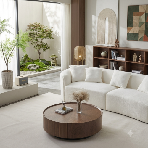 Vintage Walnut Round Coffee Table Set  with Drawers - Coffee table - QONKA HOME