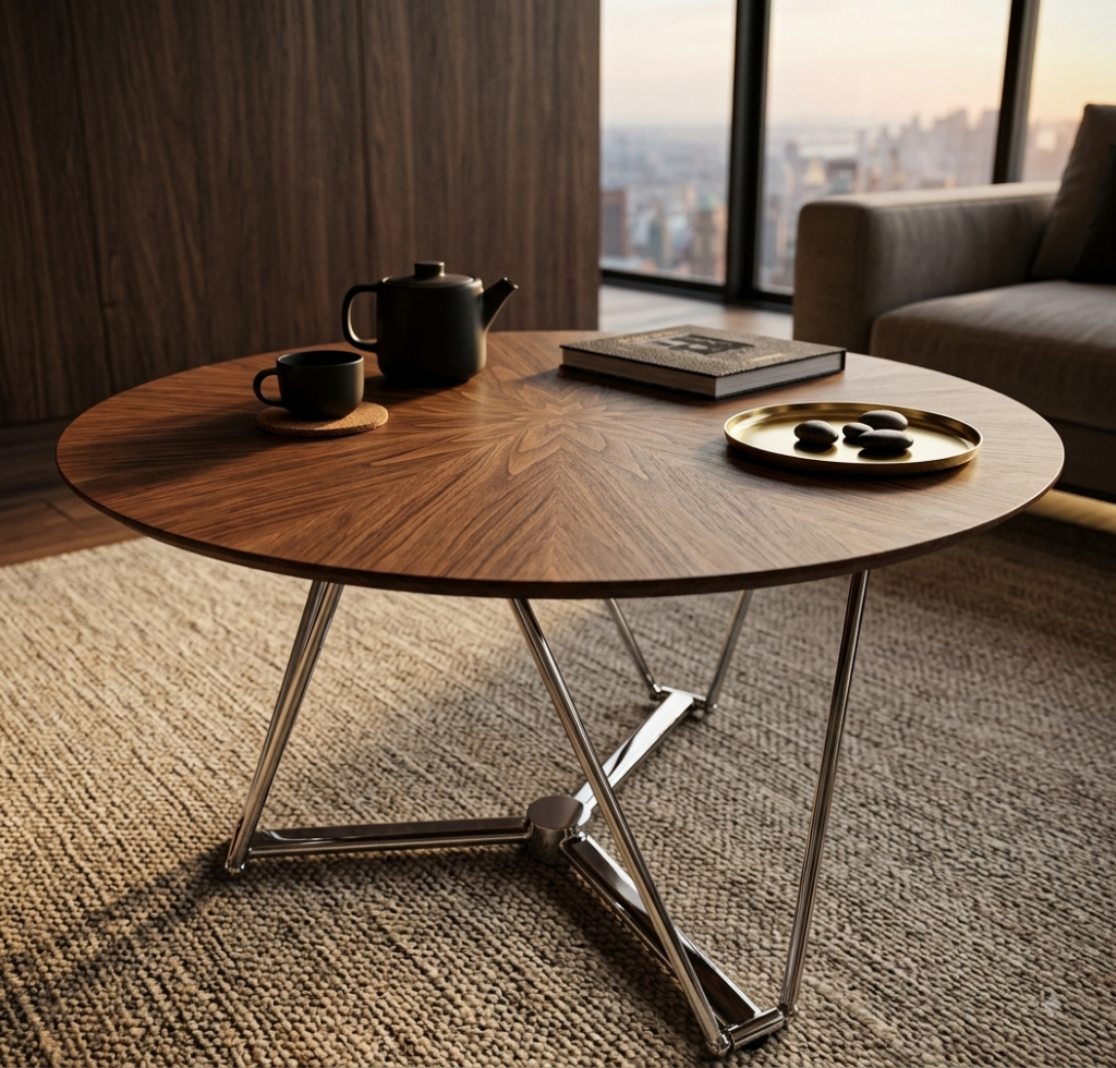 Artisanal Walnut Veneer Round Coffee Table with Adjustable Polished Stainless Steel Base - Coffee table - QONKA HOME