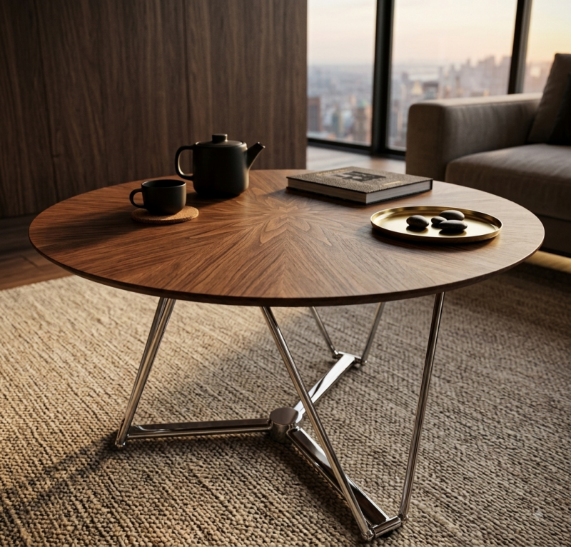 Artisanal Walnut Veneer Round Coffee Table with Adjustable Polished Stainless Steel Base - Coffee table - QONKA HOME