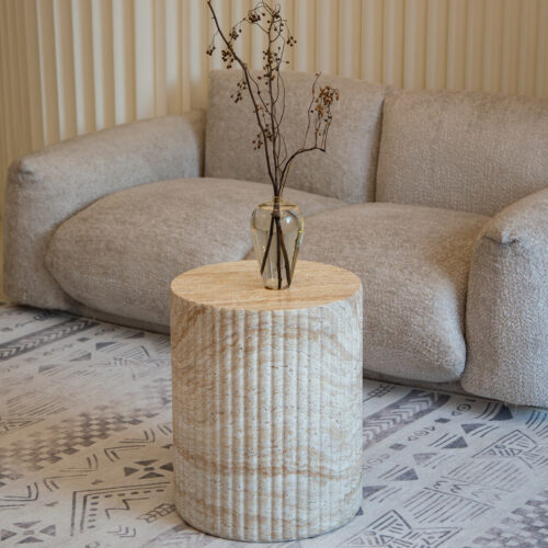 Round Coffee Table & Roman Column Side End Table With Faux Travertine Texture - Coffee table - QONKA HOME
