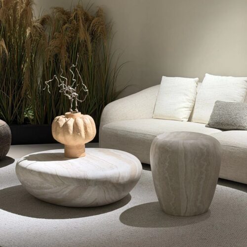 Curved Travertine-Look Coffee & Side Table Set - Coffee table - QONKA HOME