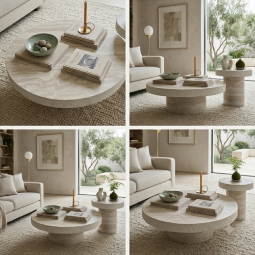 Modern Beige Travertine Accent Coffee Table Set - Coffee table - QONKA HOME