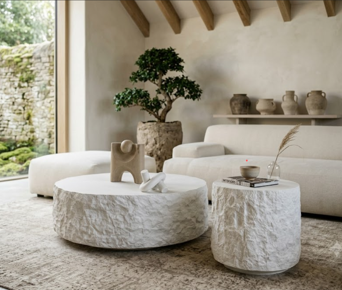 Sculptural stone-look coffee table set in off-white resin fiberglass from QONKA HOME