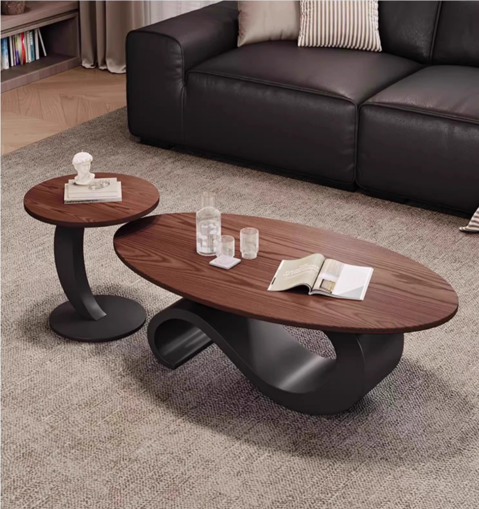 French Vintage Mid-century Oval walnut Wooden Coffee Table - Coffee table - QONKA HOME
