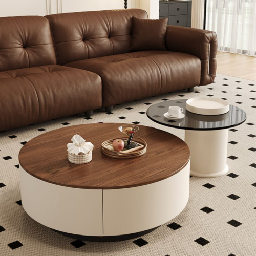 Round Coffee Table With Drawers & Glass Side Table Set - Coffee table - QONKA HOME