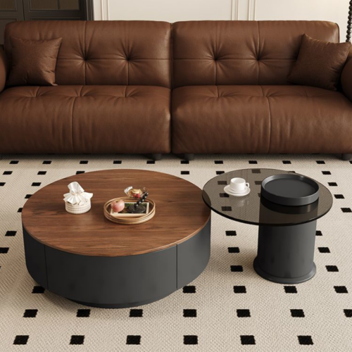 Round Coffee Table With Drawers & Glass Side Table Set - Coffee table - QONKA HOME