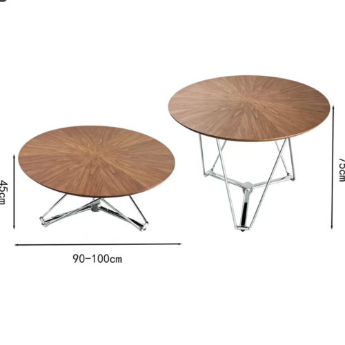 Artisanal Walnut Veneer Round Coffee Table with Adjustable Polished Stainless Steel Base - Coffee table - QONKA HOME