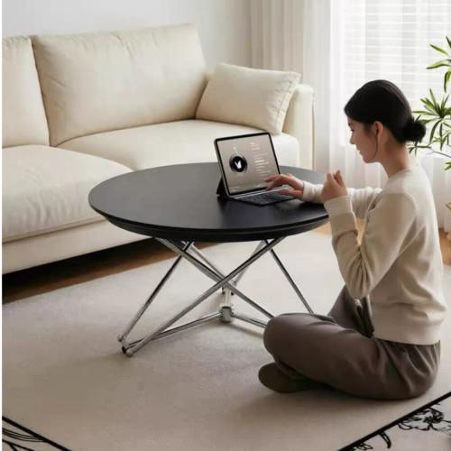 Artisanal Walnut Veneer Round Coffee Table with Adjustable Polished Stainless Steel Base - Coffee table - QONKA HOME