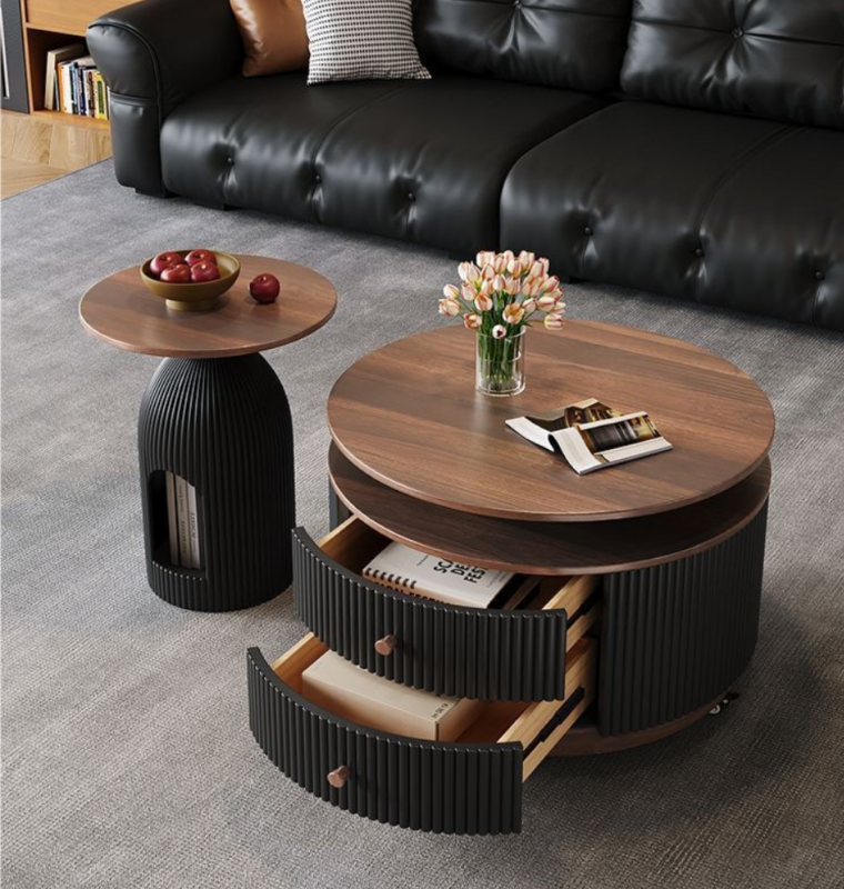 French Walnut Coffee Table Set  with Fluted Storage Drawer - Coffee table - QONKA HOME