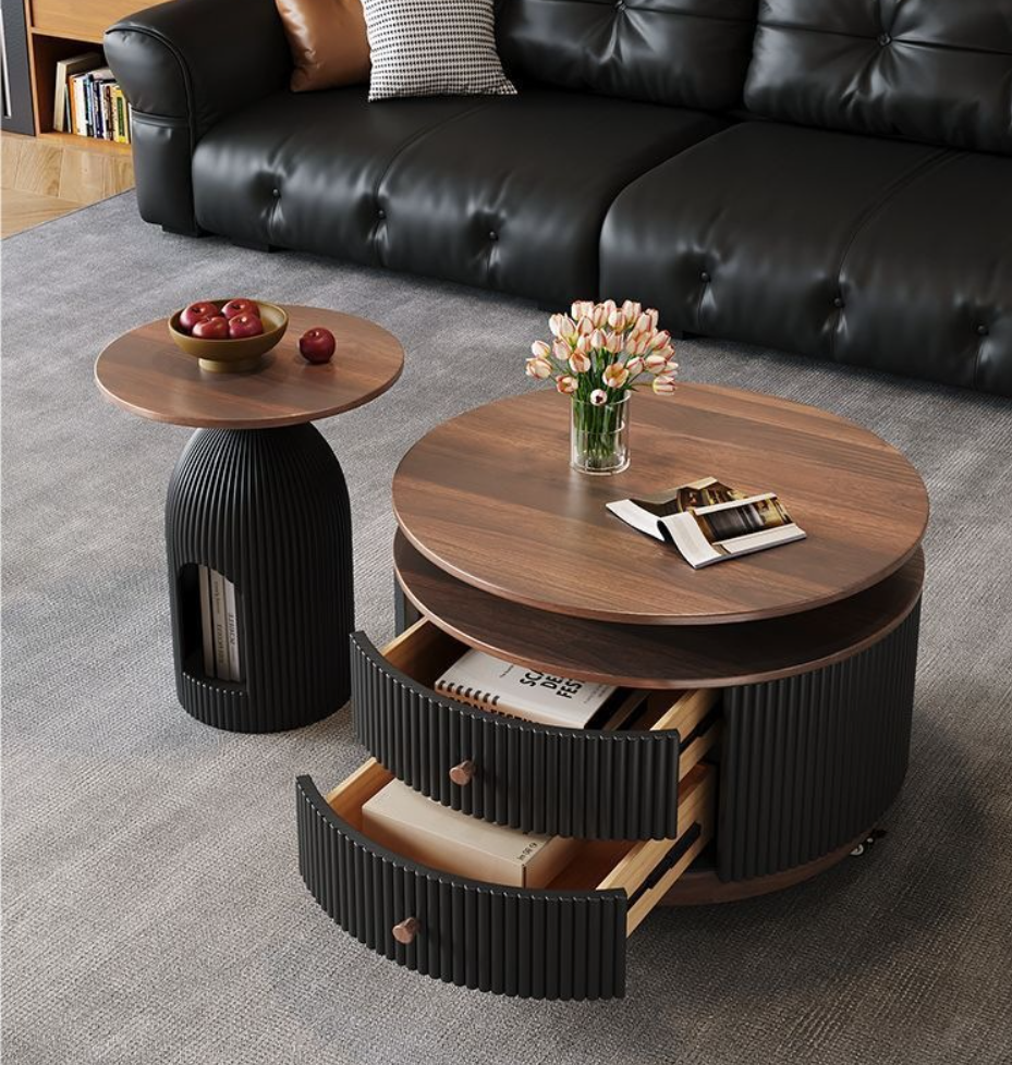 French Walnut Coffee Table Set  with Fluted Storage Drawer - Coffee table - QONKA HOME