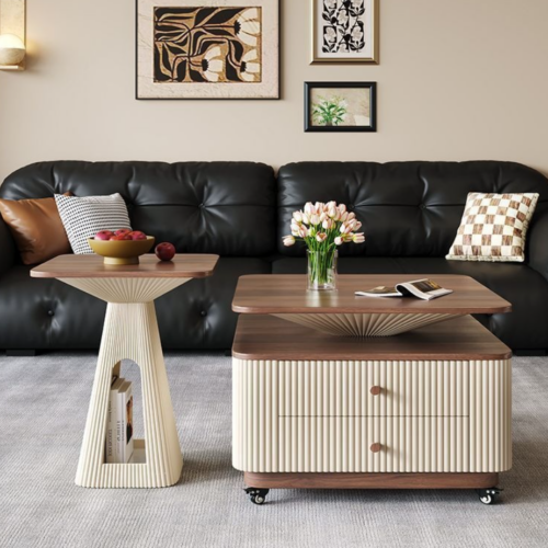 French Walnut Coffee Table Set  with Fluted Storage Drawer - Coffee table - QONKA HOME