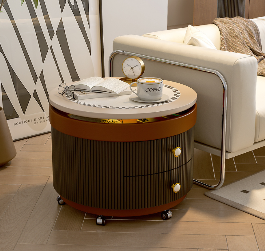 Lift‑Top Mobile Nightstand With Drawers & round Side Table With LED Light - Bedroom furniture - QONKA HOME