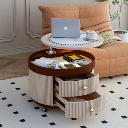 Lift‑Top Mobile Nightstand With Drawers & round Side Table With LED Light - Bedroom furniture - QONKA HOME
