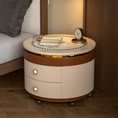 Lift‑Top Mobile Nightstand With Drawers & round Side Table With LED Light - Bedroom furniture - QONKA HOME
