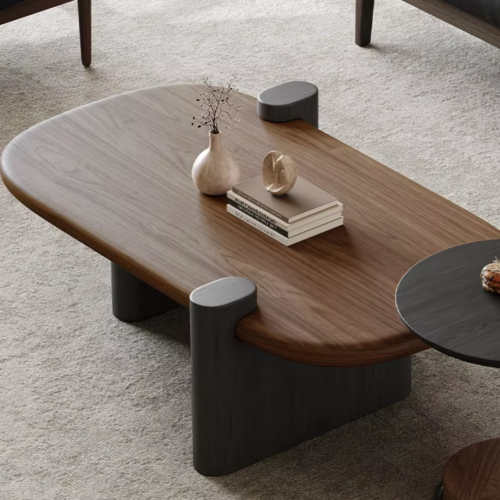 Mid‑Century Modern Irregular Oval Coffee Table Dark Walnut Solid Wood Frame Wabi‑Sabi Living Room Center Table - Coffe...