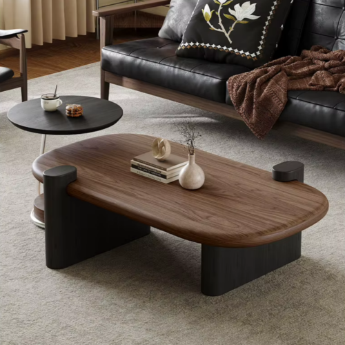 Mid‑Century Modern Irregular Oval Coffee Table Dark Walnut Solid Wood Frame Wabi‑Sabi Living Room Center Table - Coffe...