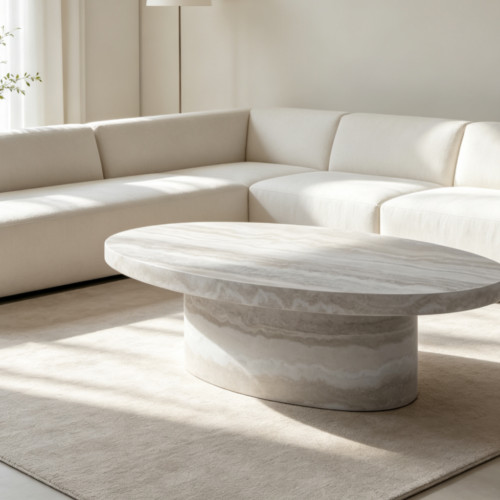 Modern Wabi‑Sabi Oval Faux Travertine Fiberglass Coffee Table - Coffee table - QONKA HOME