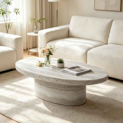 Modern Wabi‑Sabi Oval Faux Travertine Fiberglass Coffee Table - Coffee table - QONKA HOME