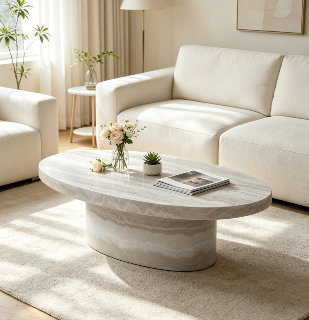 Modern Wabi‑Sabi Oval Faux Travertine Fiberglass Coffee Table - Coffee table - QONKA HOME