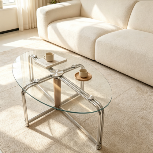 Mid‑Century Retro Oval Wooden Coffee Table  Tempered glass Center Table with Chrome Metal Legs - Coffee table - QONKA HOME