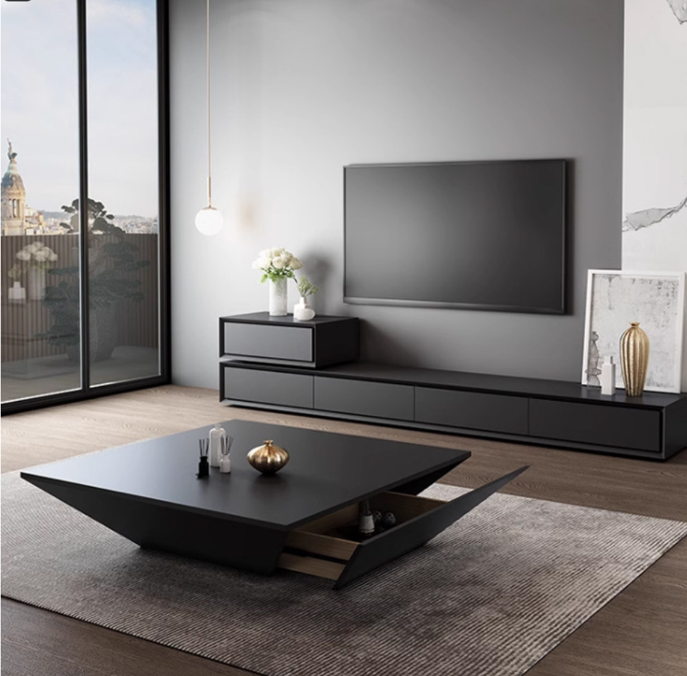 Minimalist Square Wooden Coffee Table Inverted Pyramid Center Table with Hidden Drawers &TV cabinet - Coffee table - ...