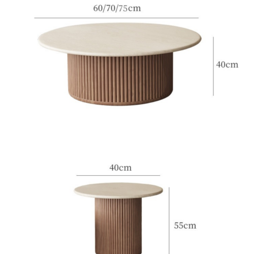 Round Coffee Table Set, Sintered Stone Top With Fluted Wood Base - Coffee table - QONKA HOME