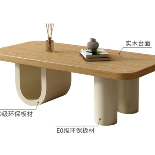 Solid Wood Rectangular Coffee Table Cream U‑Shape & Cylinder Base Minimalist Modern Center Table - Coffee table - Q...
