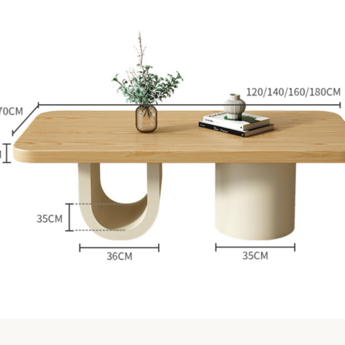 Solid Wood Rectangular Coffee Table Cream U‑Shape & Cylinder Base Minimalist Modern Center Table - Coffee table - Q...