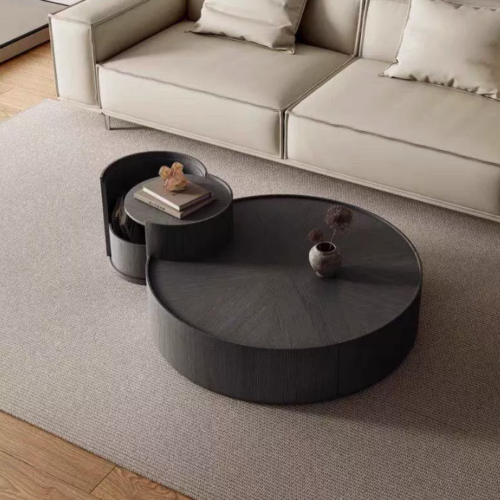 Round Nesting Coffee Table Set walnut Wood Veneer Coffee Table with Drawer - Coffee table - QONKA HOME