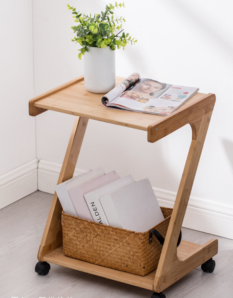 Mobile Z‑Shape Natural Bamboo Side Table 2‑Tier Rolling End Table With Casters for Sofa Side Bedroom - Bedside table -...