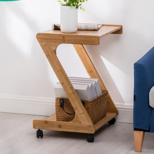Mobile Z‑Shape Natural Bamboo Side Table 2‑Tier Rolling End Table With Casters for Sofa Side Bedroom - Bedside table -...