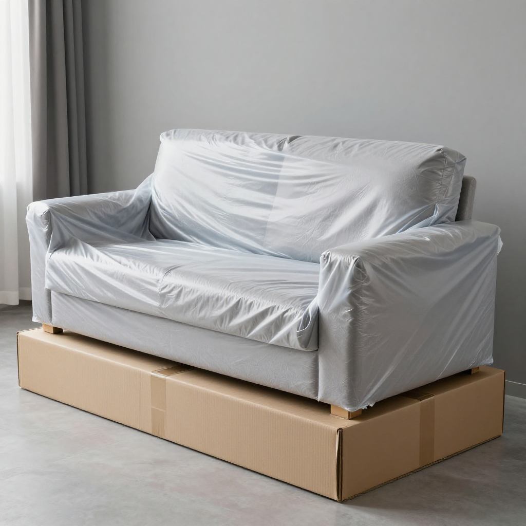 Compressed sofa vacuum packaging before shipping