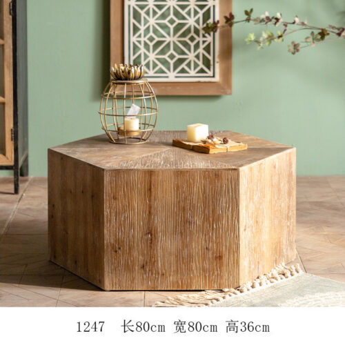 Hexagonal Distressed Solid Wood Coffee Table Rustic Farmhouse Block Center Table - Coffee table - QONKA HOME