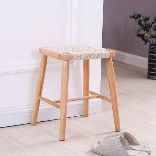 Rubber Wood Stool Hand‑Woven Rope Seat Solid Wood Square Side Stool Dining Bar Stool for Home Kitchen Living Room - Dini...