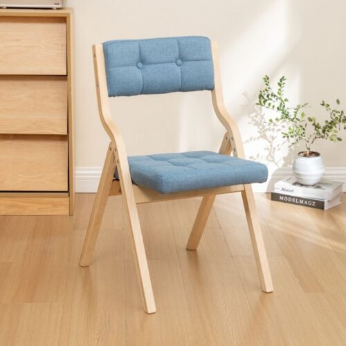 Poplar Wood Folding Dining Chair Linen Fabric Padded Foldable Dining Side Chair for Kitchen Apartment - Dining chair - QON...